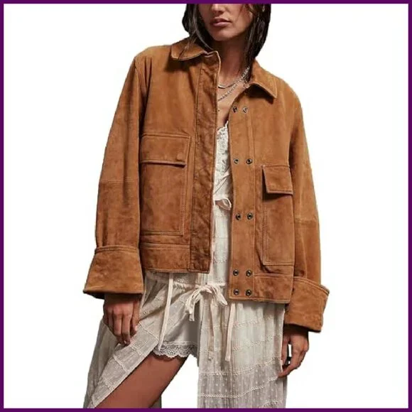 Faux Suede Bomber Jacket Oversized Fit with Pockets Women's Casual - Picture 2 of 5